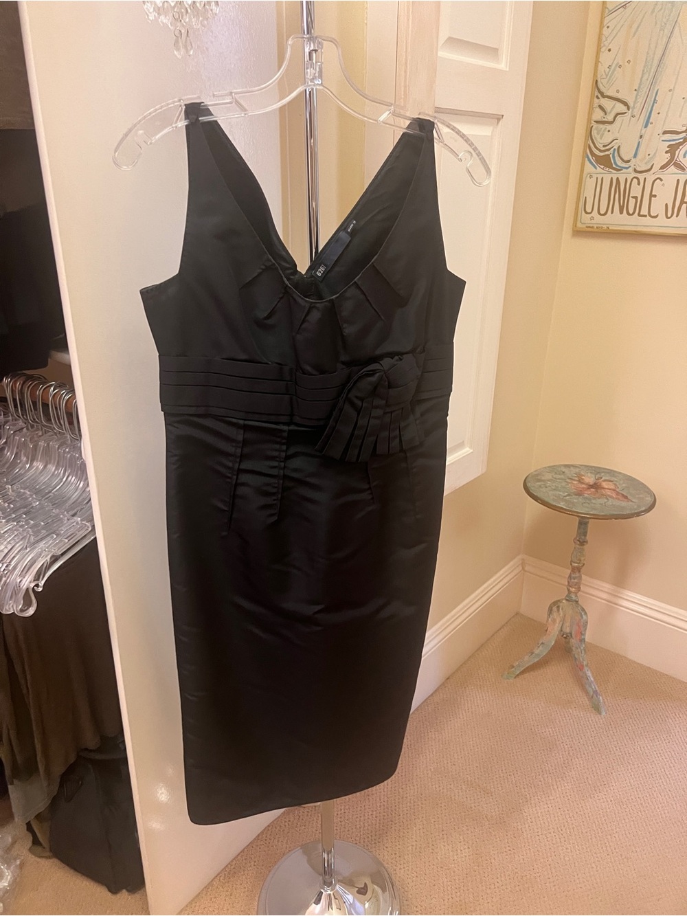 Black V-Neck Midi Dress with Pleated Waist Bow